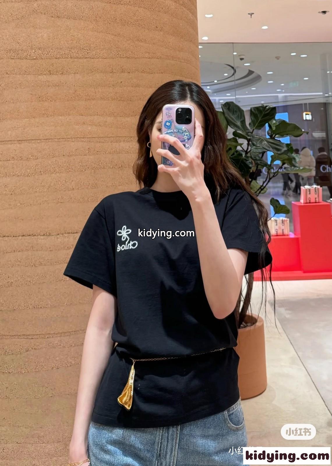 カジュアル 刺繍入り 半袖Tシャツ クロエ Tシャツ コピー ブラック-5