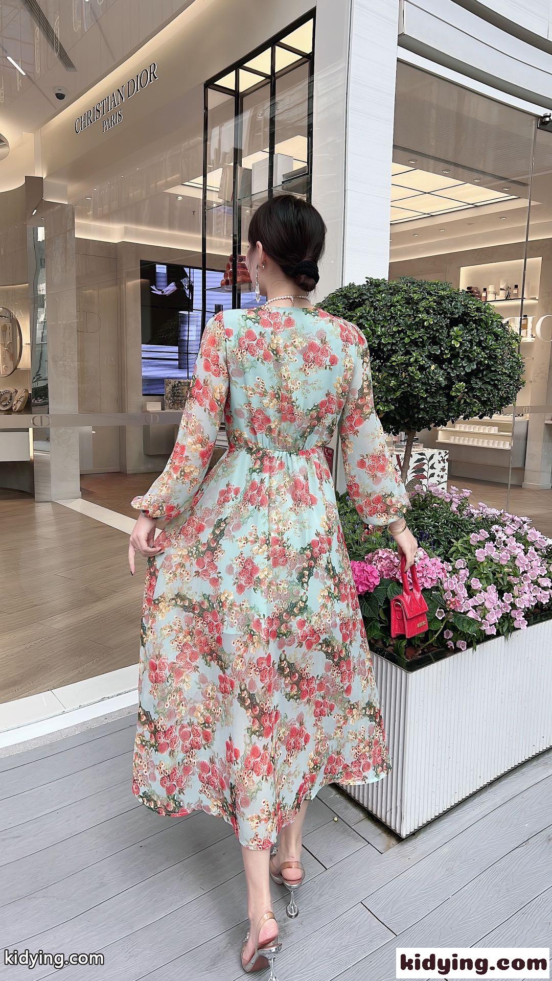 レディース おしゃれ Vネック シフォン ヴァレンティノ ワンピース コピー ハイウエスト 花柄ワンピース ロングワンピース-0