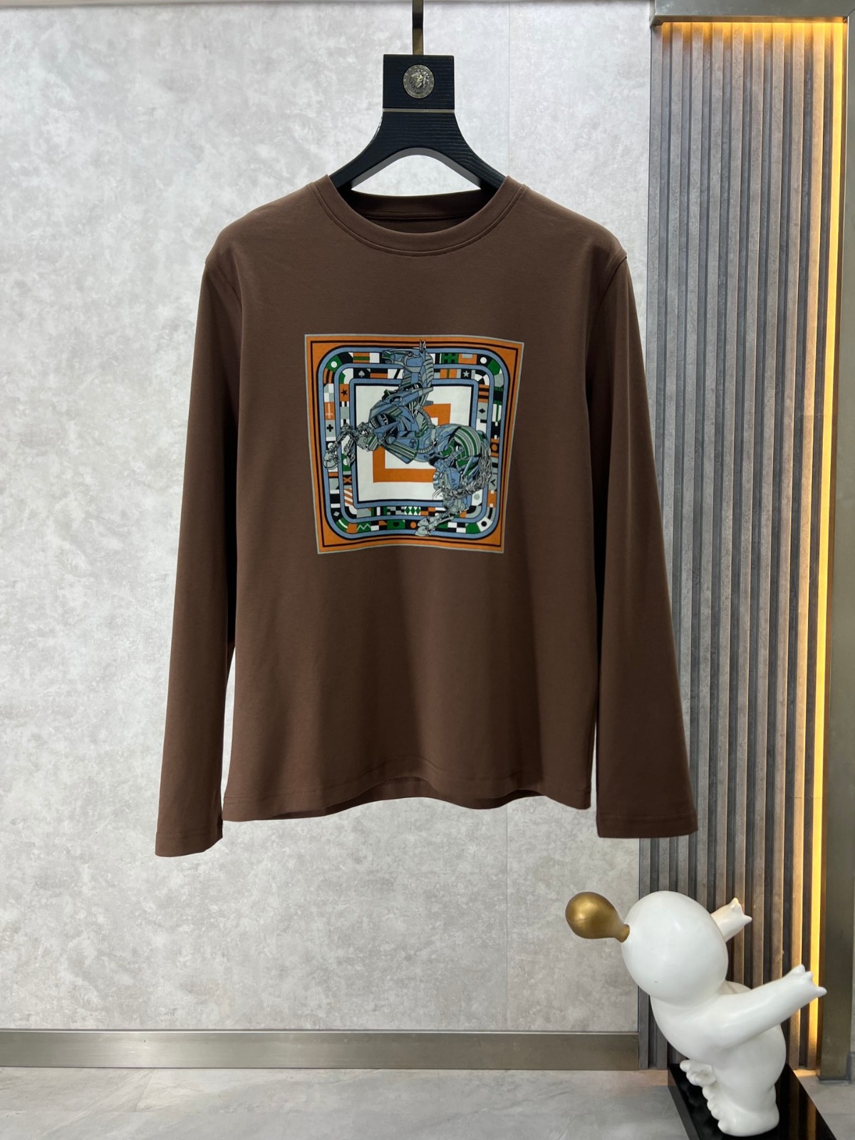 ベーシック プリント クルーネック 長袖Tシャツ エルメス Tシャツ コピー ブラウン-0