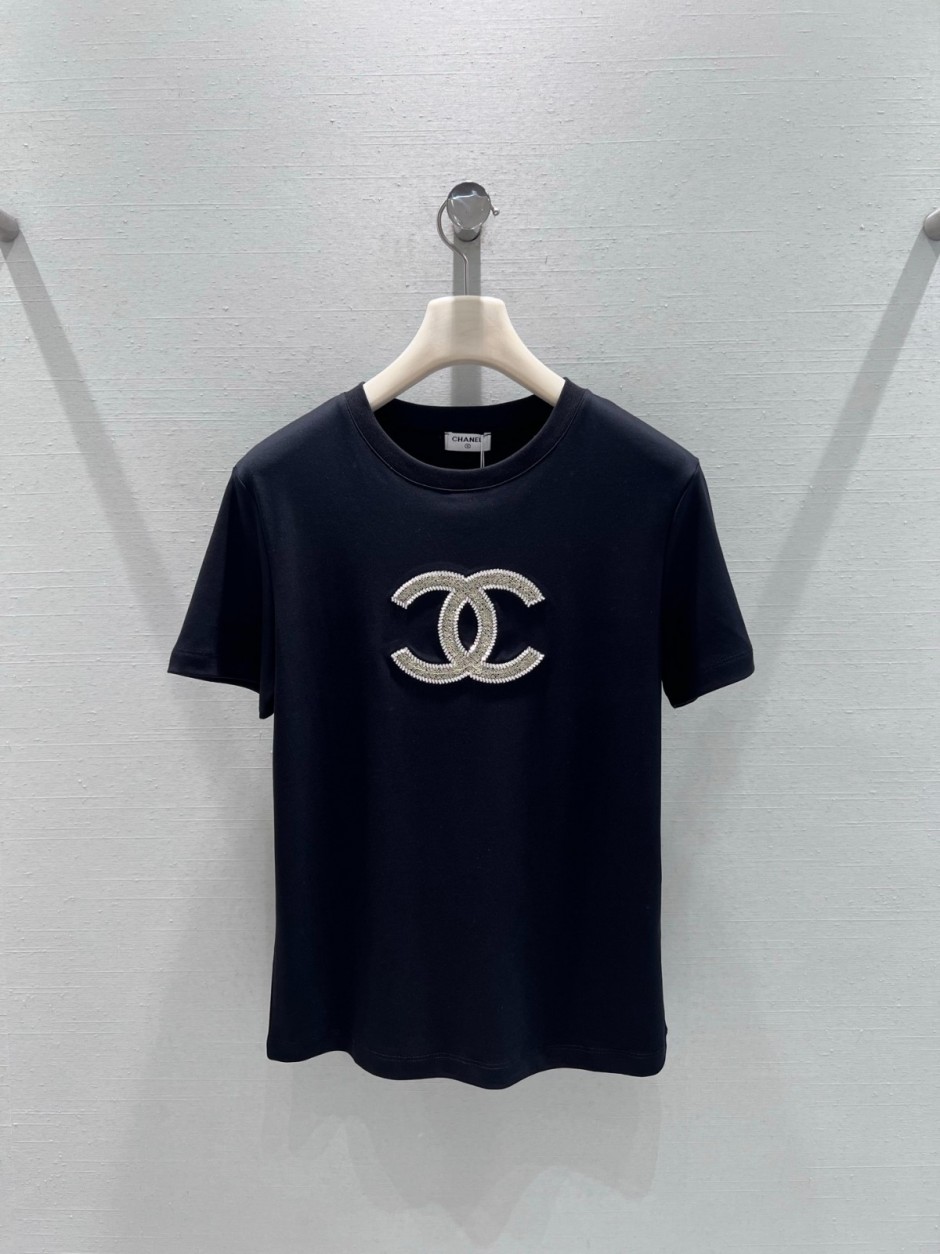 シンプル ロゴ 半袖Tシャツ シャネル Tシャツ コピー ブラック-0
