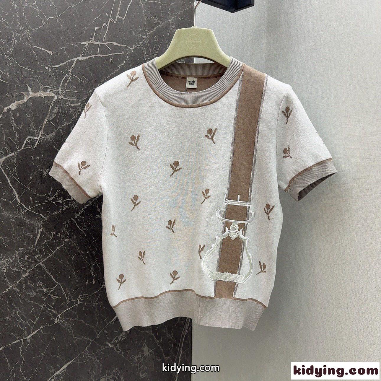 春夏 刺繍入り ショートスリーブニット エルメス ニットウェア コピー ホワイト-1
