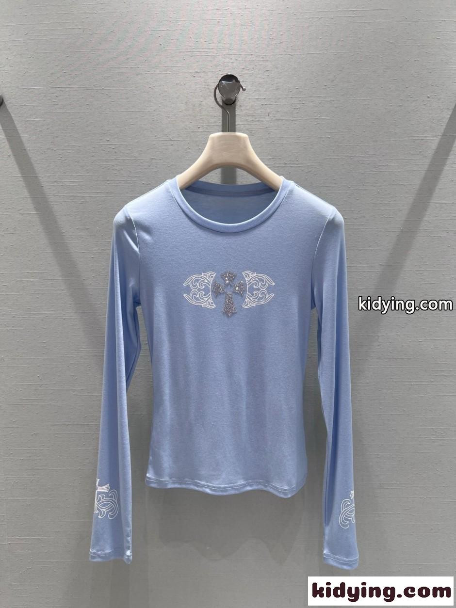 シンプル スタイリッシュ クルーネック 長袖Tシャツ クロムハーツ Tシャツ 偽物 ライトブルー-1