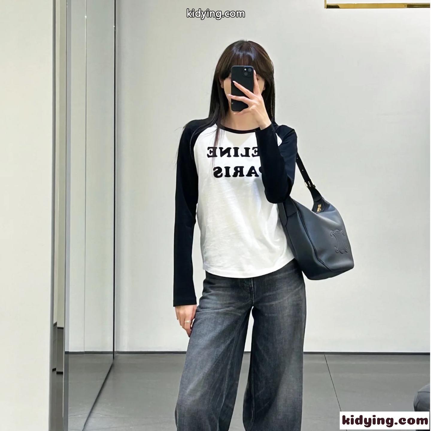カジュアル 配色 ラグランスリーブ 長袖Tシャツ セリーヌ Tシャツ コピー コットン-0