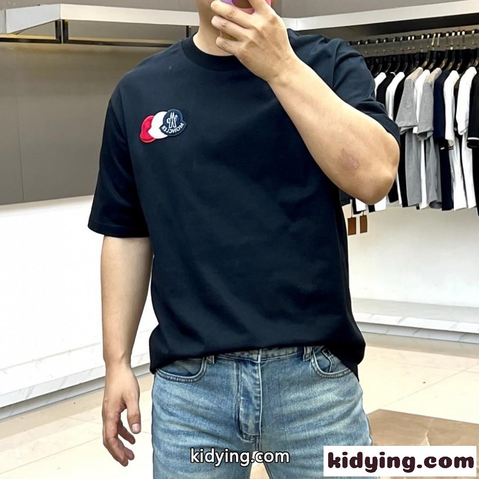 お洒落 モンクレール Tシャツ 偽物 コットン クルーネック 半袖Tシャツ ブラック-2