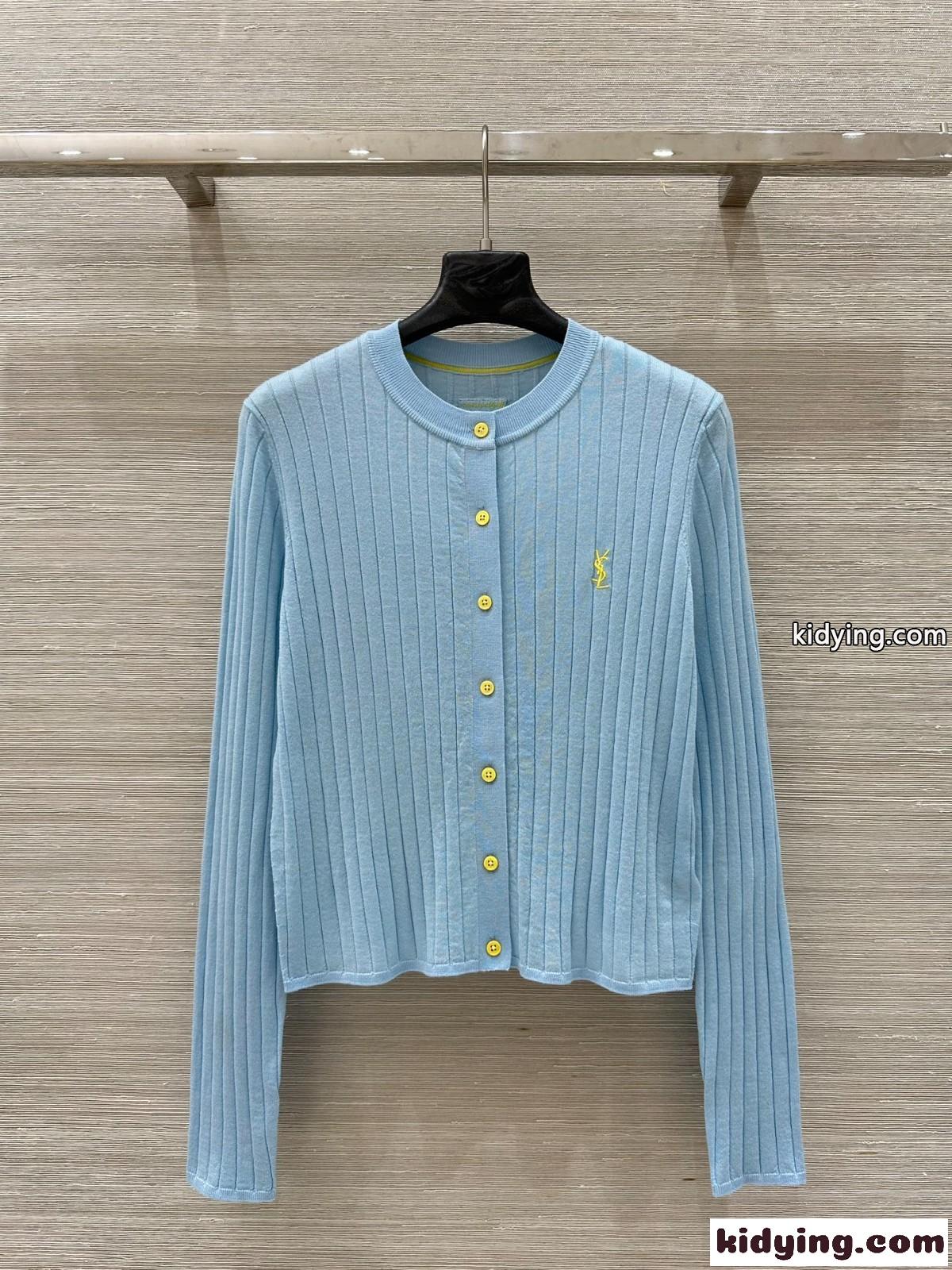 シンプル ロゴ刺繍 イヴ・サンローラン ニット コピー クルーネック カーディガン ブルー-2