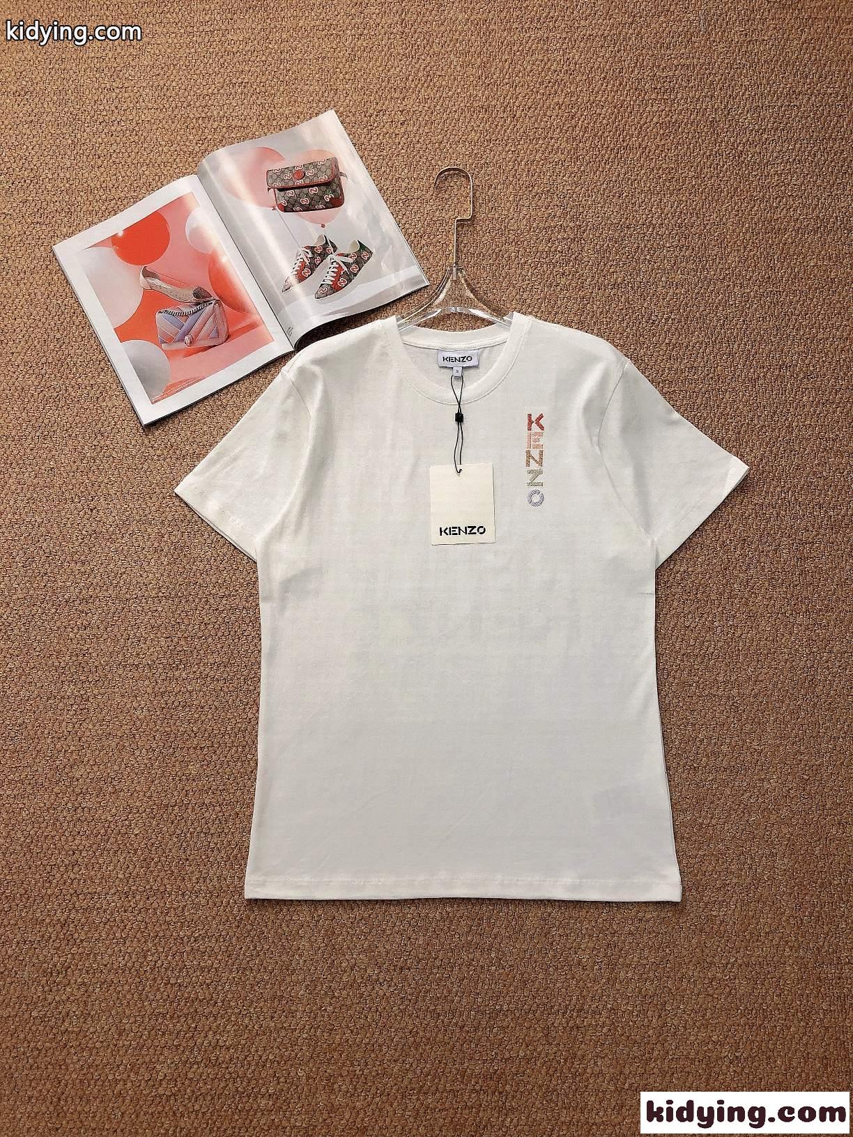 グラデーション ロゴ 刺繍 オシャレ クールネック コットン 着心地いい ケンゾー tシャツ レディース コピー ホワイト ブラック-0