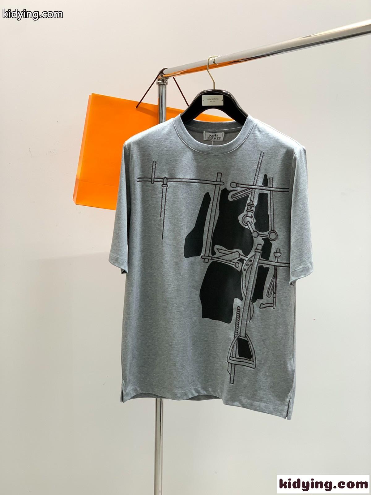 おしゃれ カジュアル エルメス Tシャツ コピー コットン 半袖Tシャツ グレー-0
