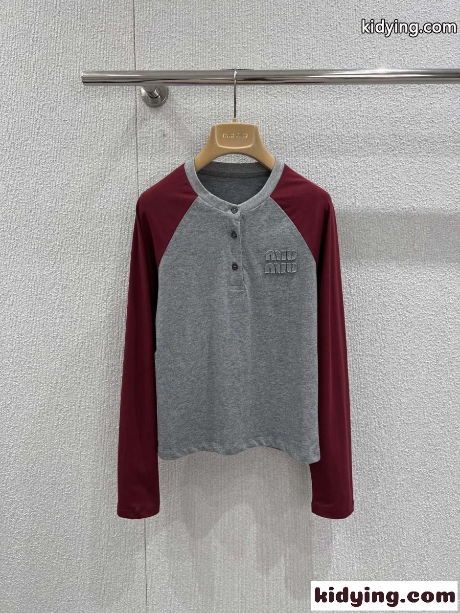 バイカラー ラグラン ヘンリーネックトップス ミュウミュウ Tシャツ コピー-0