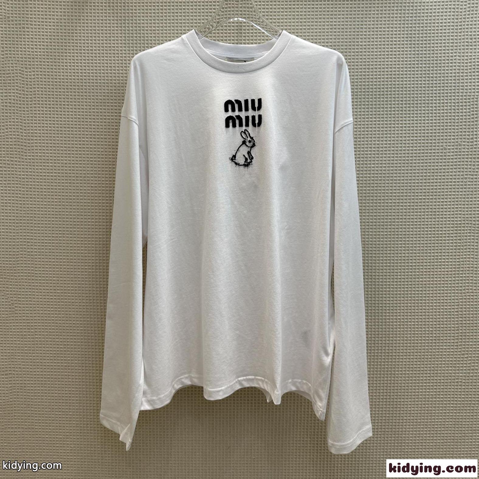 シンプル ロゴ入り 着心地いい クルーネック ミュウミュウ Tシャツ コピー 長袖 コットン-2