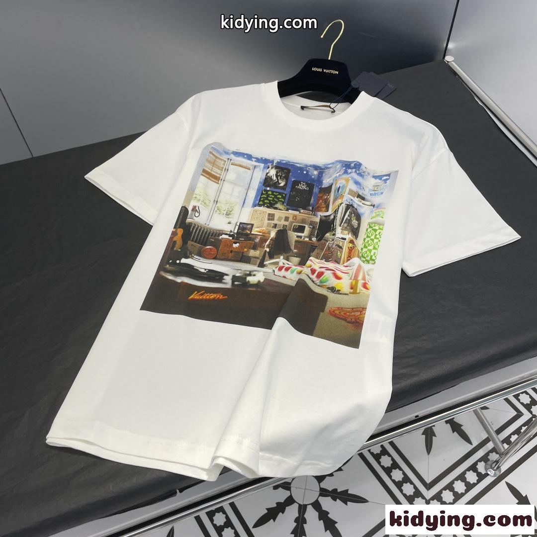 ユニセックス ルイ・ヴィトン プリンテッドコットンTシャツ コピー クルーネック-2