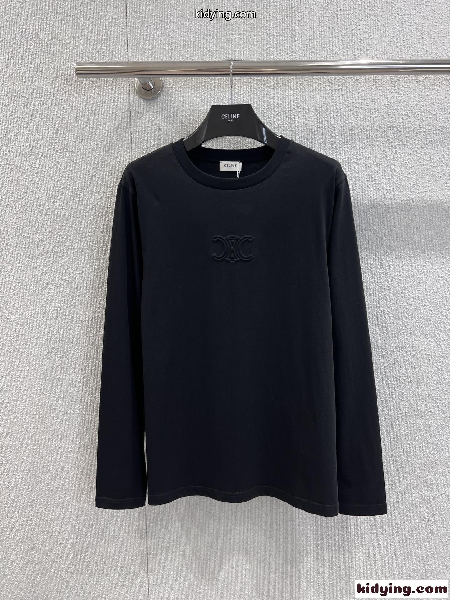 シンプル コットン 長袖Tシャツ セリーヌ Tシャツ コピー クルーネック ブラック-0