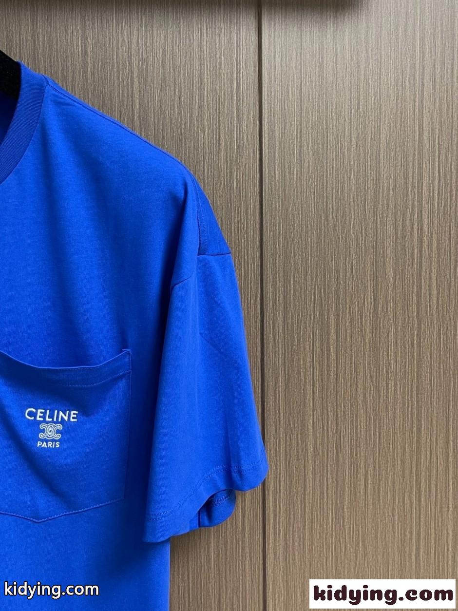 シンプル ロゴ刺繍 半袖Tシャツ セリーヌ Tシャツ 偽物 ユニセックス ブルー-2