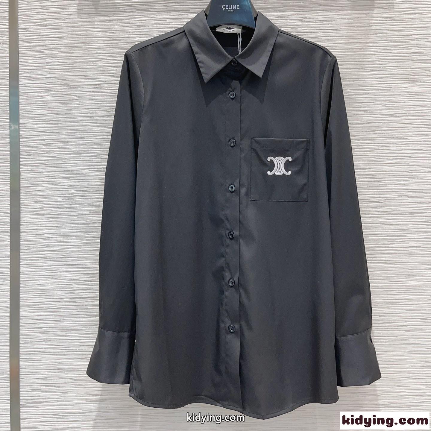 シンプル トリオンフ 刺繍 ロゴ ロングスリーブシャツ セリーヌ シャツ コピー ブラック-0