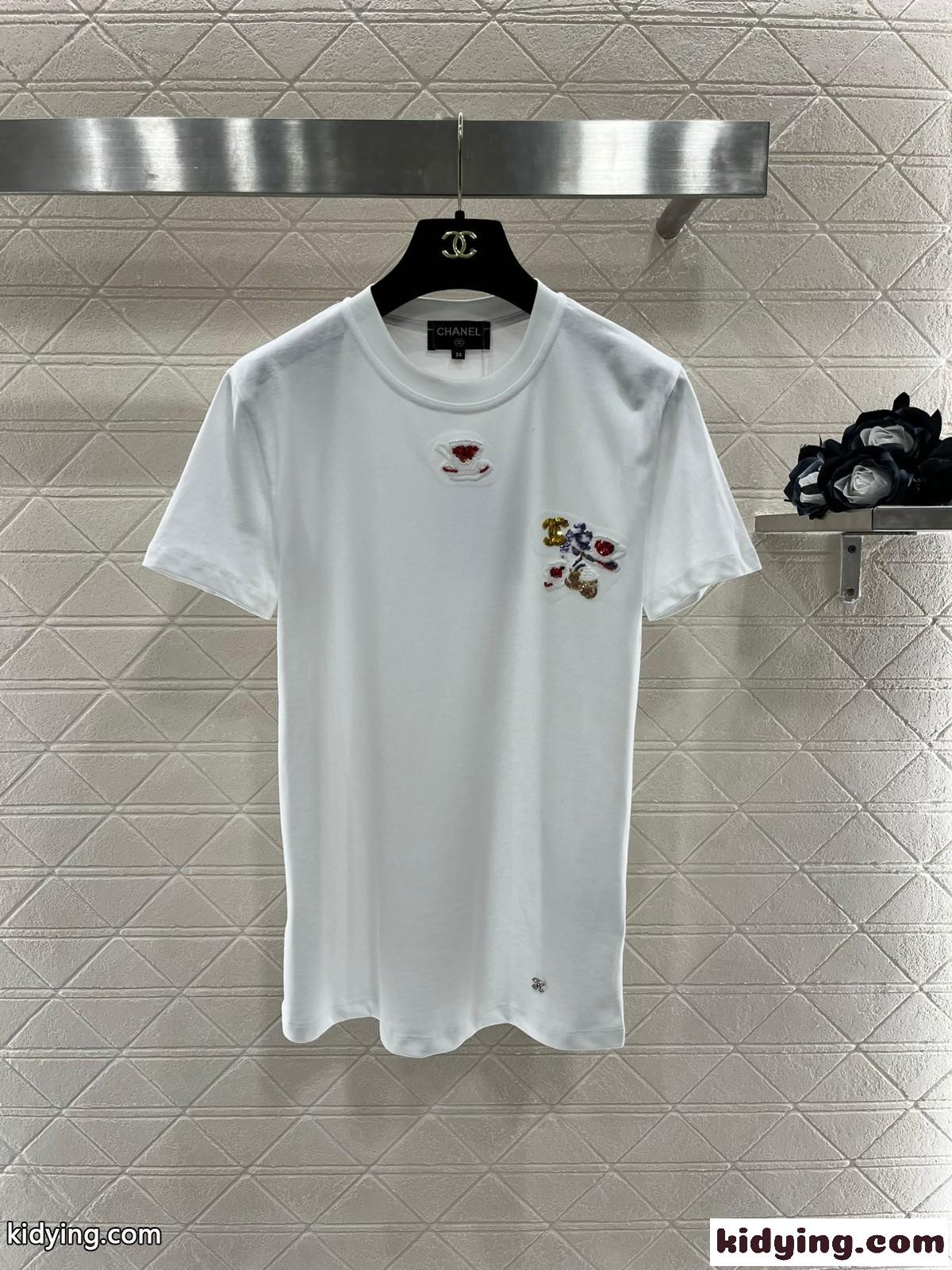 人気 スパンコール ロゴ シャネル Tシャツ コピー コットン 半袖Tシャツ-1