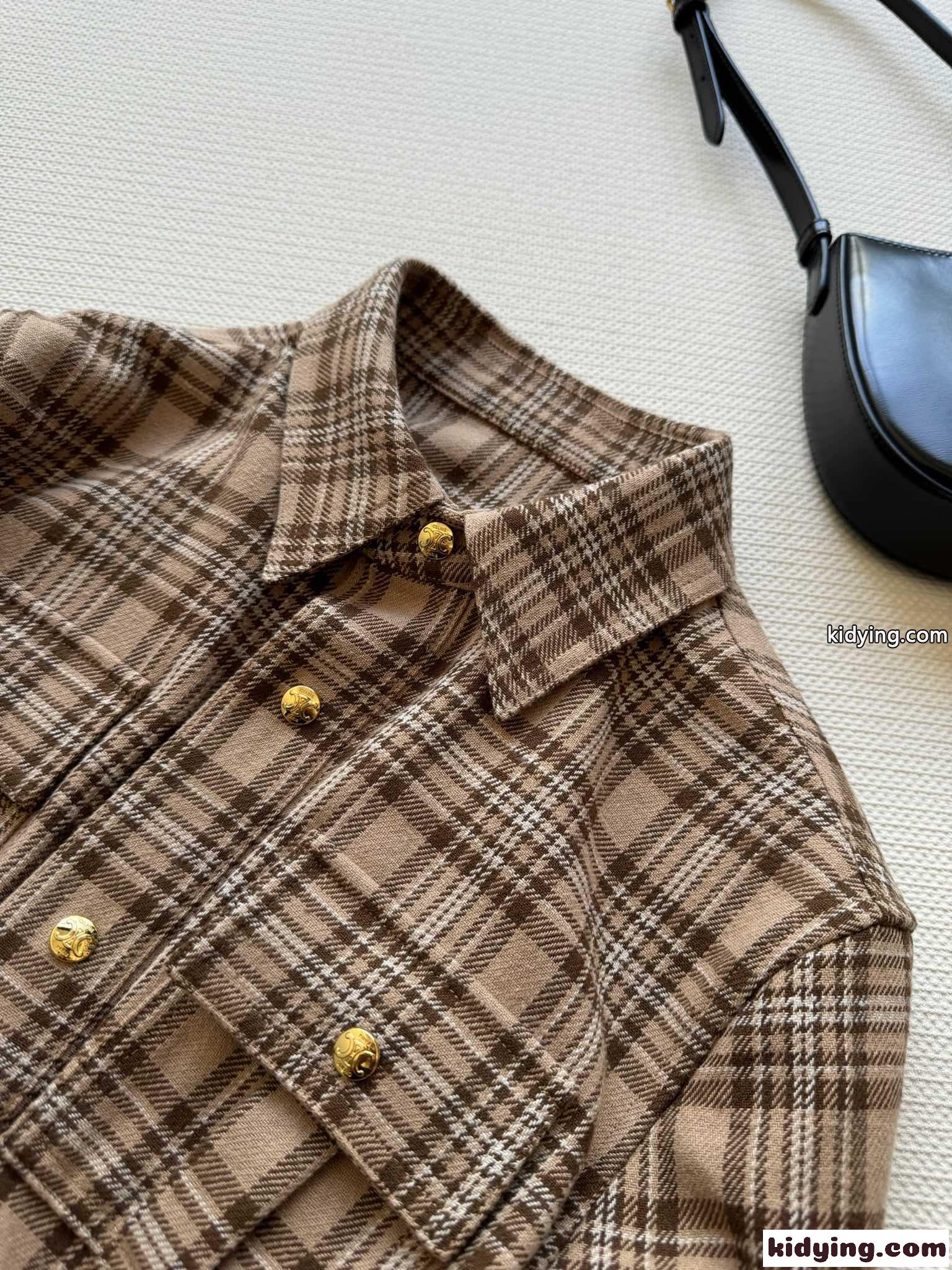 ウール＆カシミヤ チェック柄 ショート丈シャツ セリーヌ シャツ コピー レディース-3