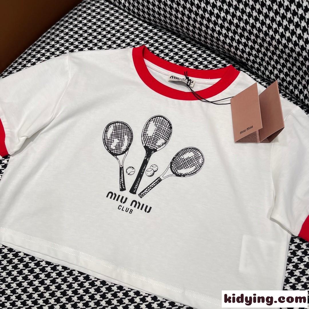 カジュアル おしゃれ プリント コットン 半袖Tシャツ ミュウミュウ Tシャツ コピー クロップド丈-0