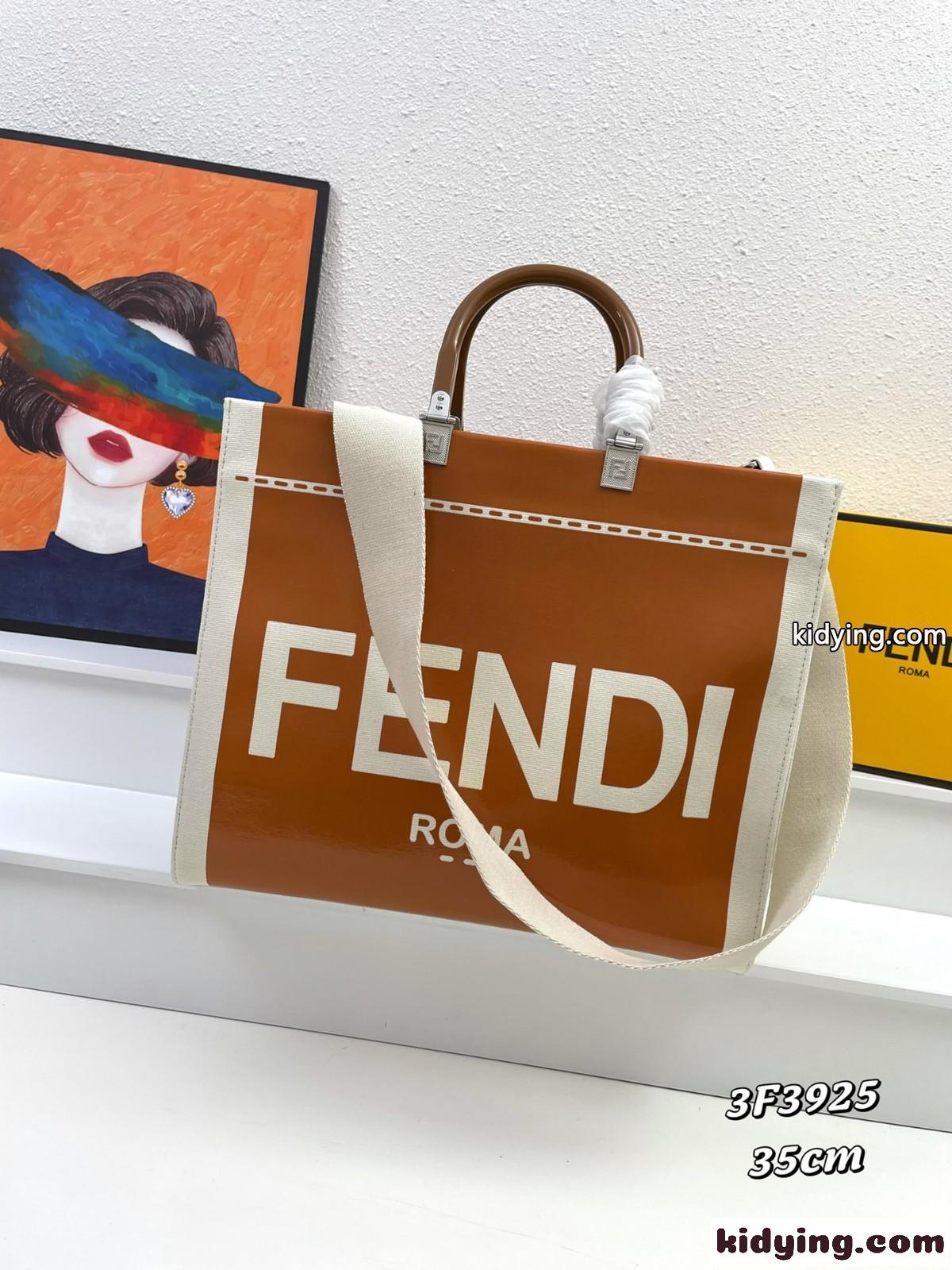 サンシャイン ミディアム キャンバス パテントレザー ハンドバッグ フェンディ バッグ コピー ブラウン-0