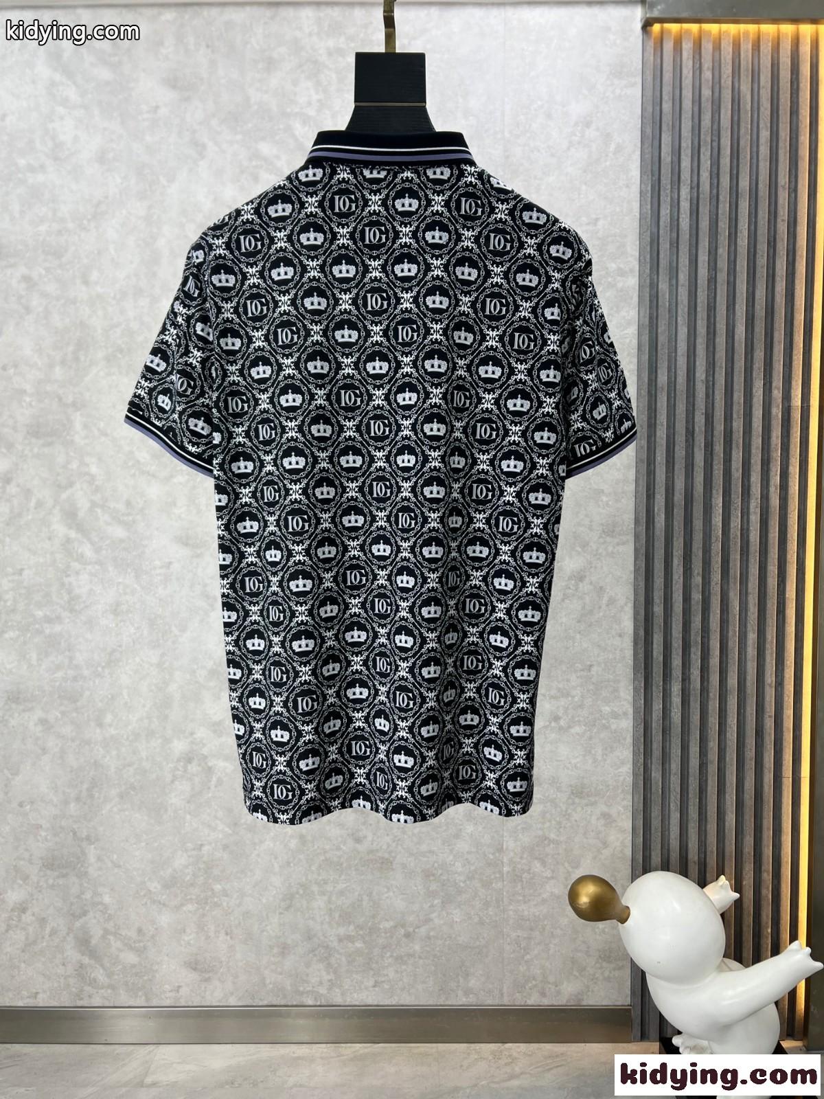 カジュアル 総柄 プリント 半袖ポロシャツ ドルチェ&ガッバーナ Tシャツ コピー ブラック-1