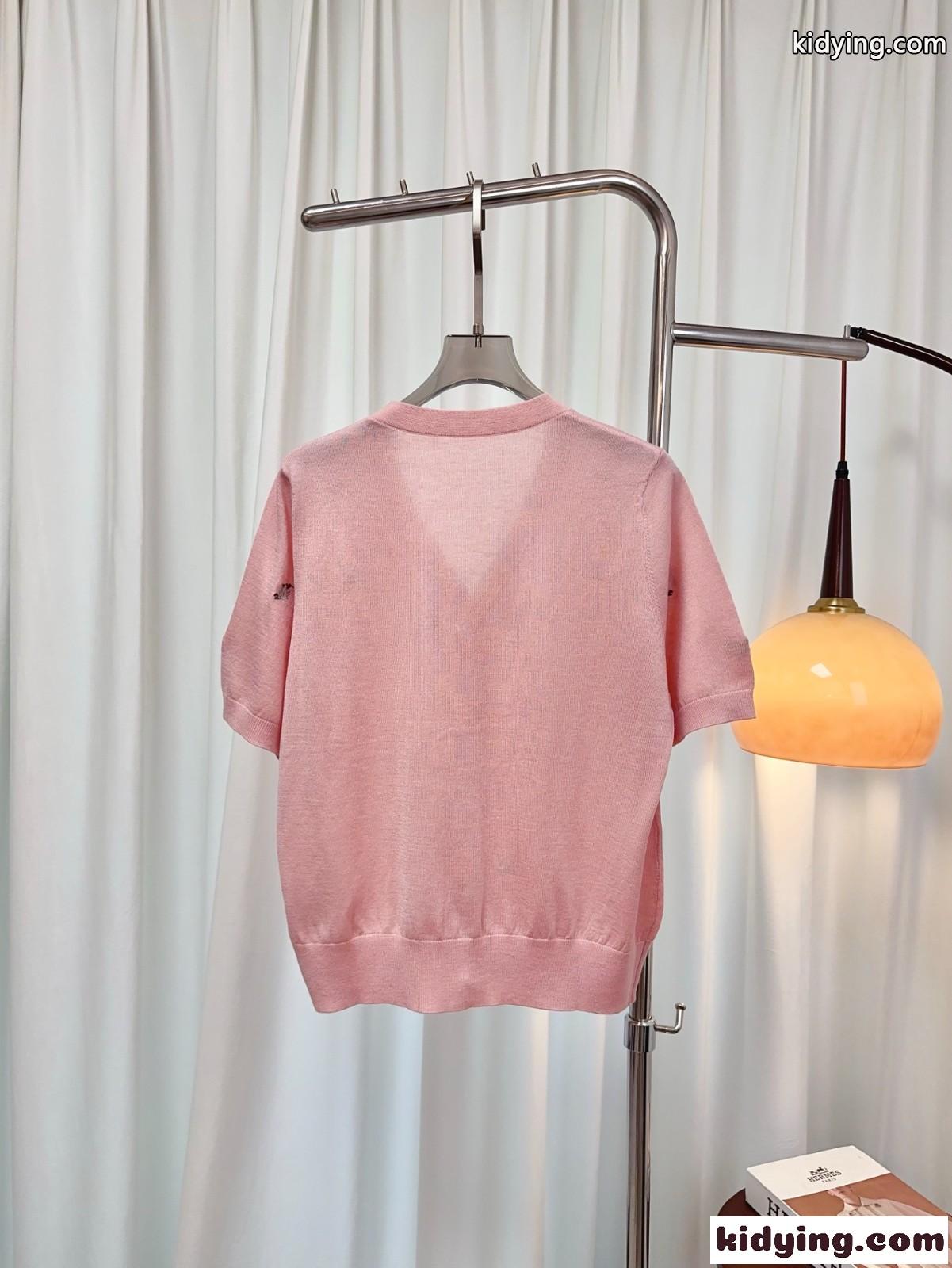 刺繍入り Vネック 半袖カーディガン プラダ ニット 偽物 レディース ピンク-1