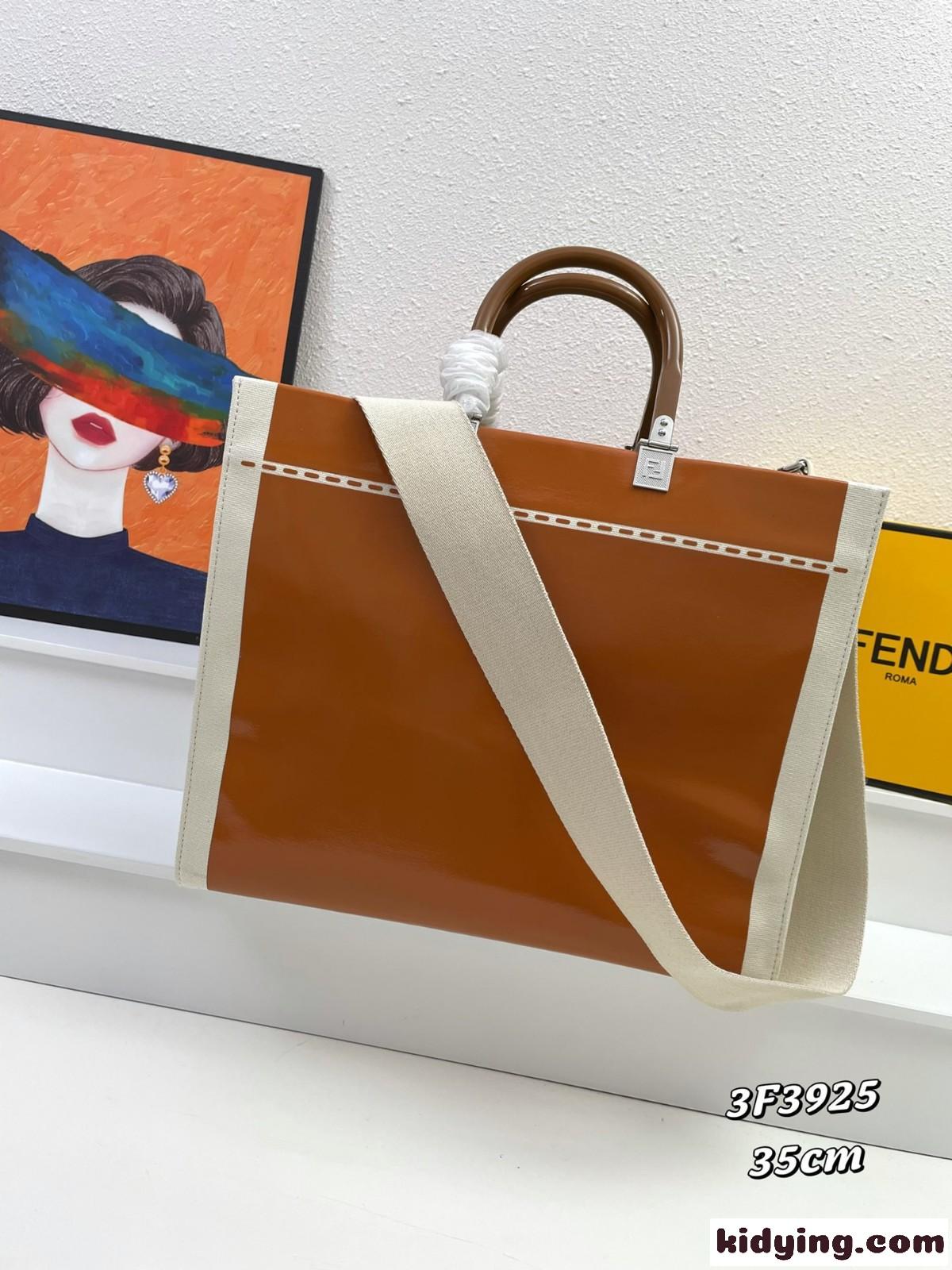 サンシャイン ミディアム キャンバス パテントレザー ハンドバッグ フェンディ バッグ コピー ブラウン-1