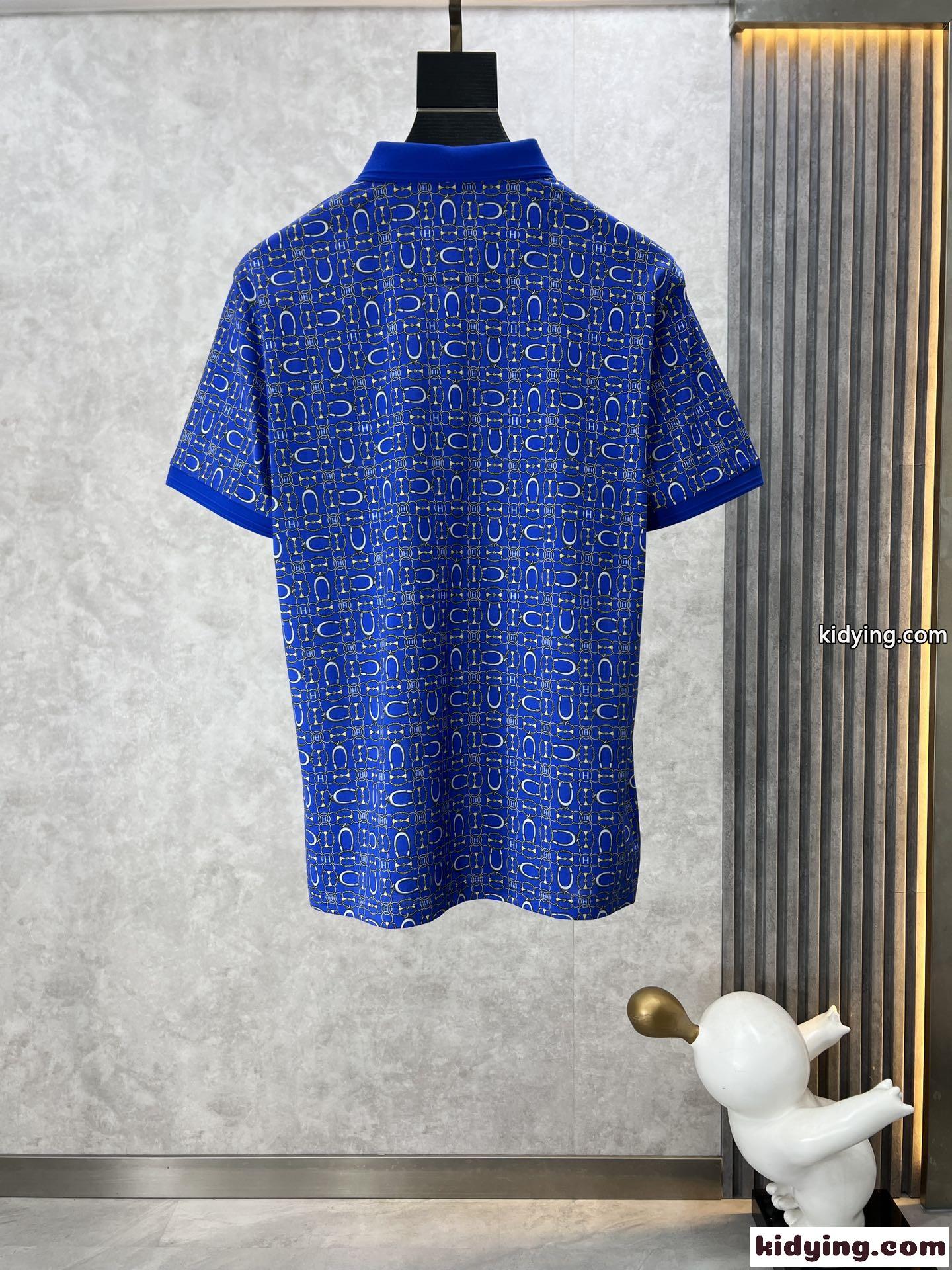 目を引く 総柄プリント 半袖 ポロシャツ エルメス Tシャツ コピー ブルー-0