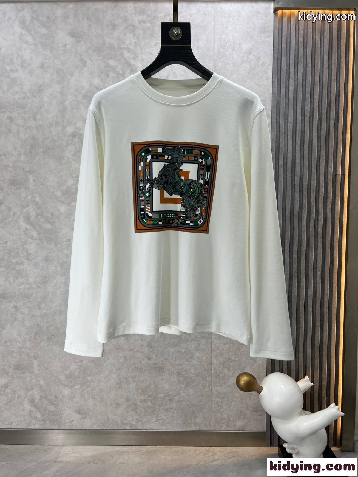 ベーシック プリント クルーネック 長袖Tシャツ エルメス Tシャツ コピー ホワイト-1