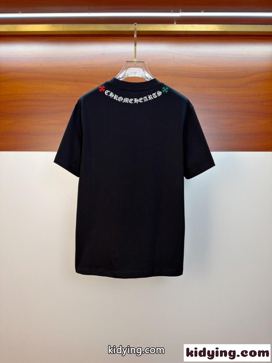 ロゴ刺繍 クルーネック 半袖Tシャツ クロムハーツ Tシャツ 偽物 コットン ブラック-3