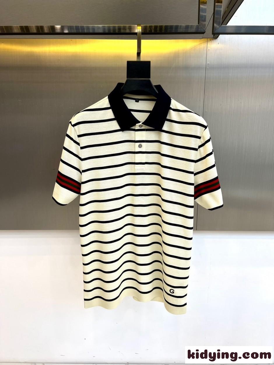 爽やか ボーダー柄 ポロシャツ グッチ Tシャツ 偽物 半袖 ホワイト-1