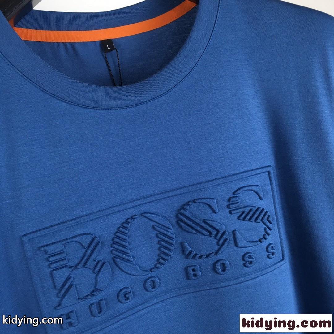 エンボスロゴ シルケットコットン 半袖Tシャツ ヒューゴ・ボス Tシャツ コピー ブルー-1