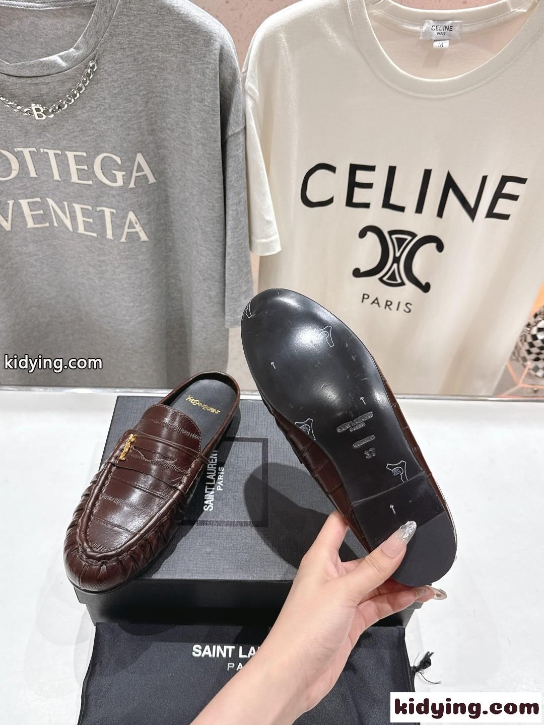 クロコダイル型押しYSL ル ローファー イヴ・サンローラン レディースシューズ スーパーコピー ブラウン-4