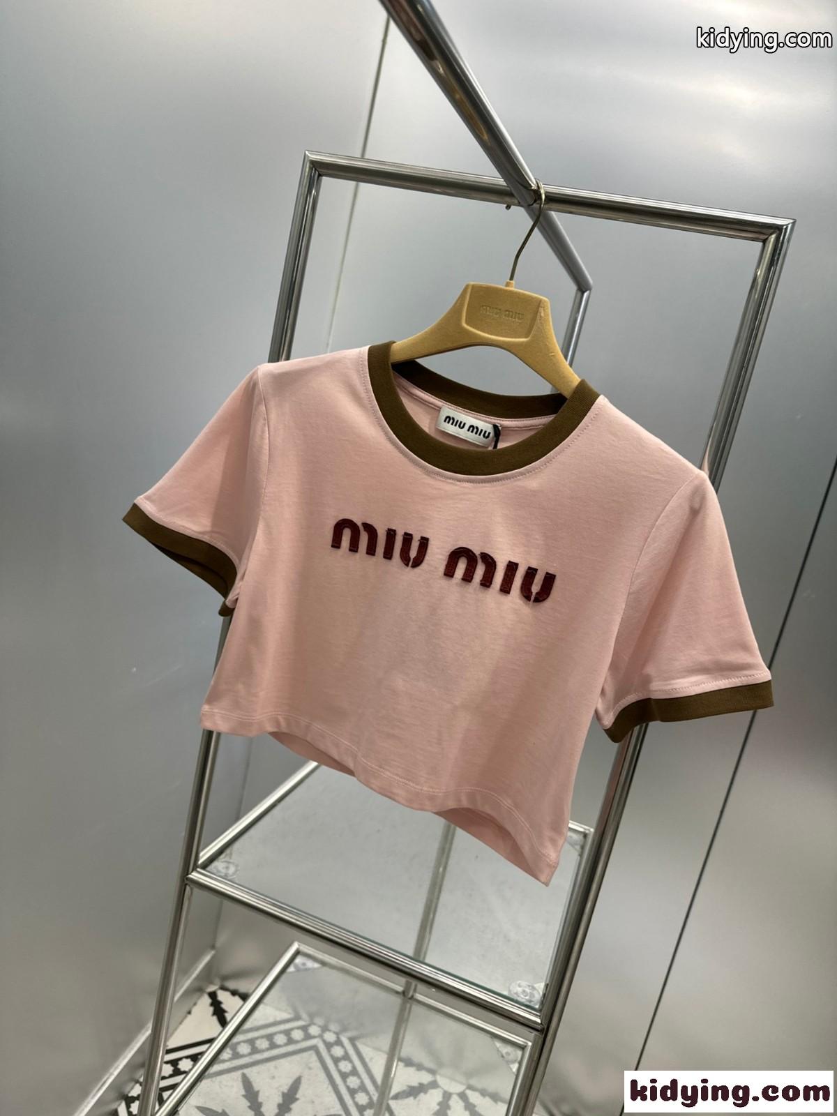 エンブロイダリー コットンジャージー Tシャツ ミュウミュウ Tシャツ コピー ピンク-1