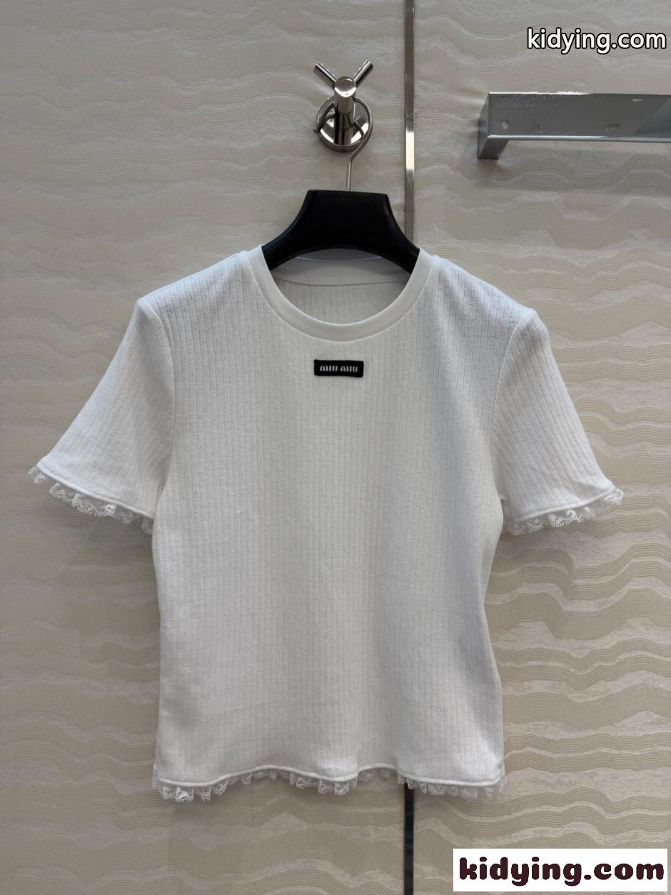 レーストリム リブニット トップス ミュウミュウ Tシャツ 偽物 コットン ホワイト-1