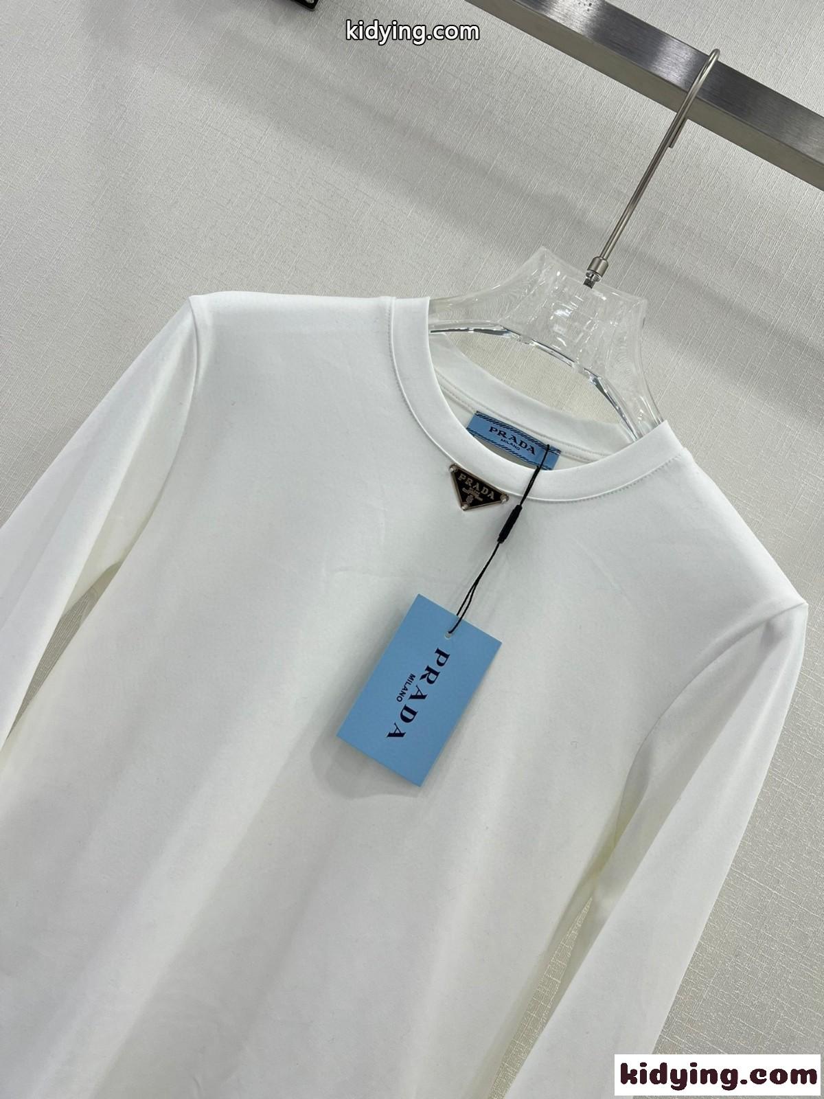シンプル 合わせやすい クルーネック コットンTシャツ プラダ Tシャツ コピー ホワイト-1