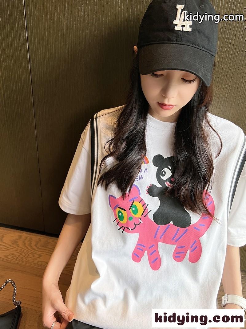 遊び心いっぱい 可愛い プリント ミュウミュウ 半袖tシャツ コピー 人気 オーバーサイズ コットン-2