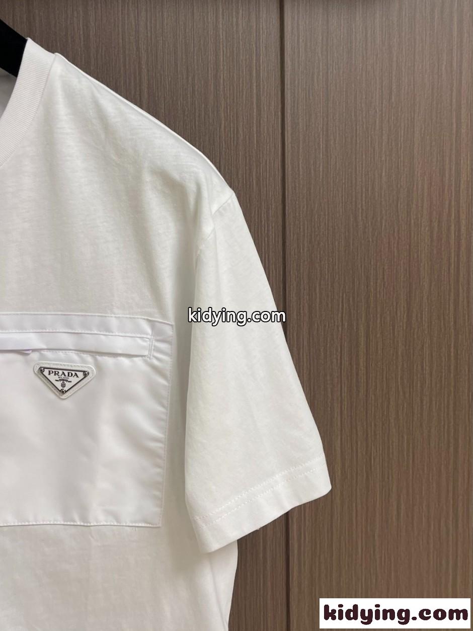 カジュアル 上品 プラダ Tシャツ 偽物 異素材ディテール 半袖Tシャツ ホワイト-2