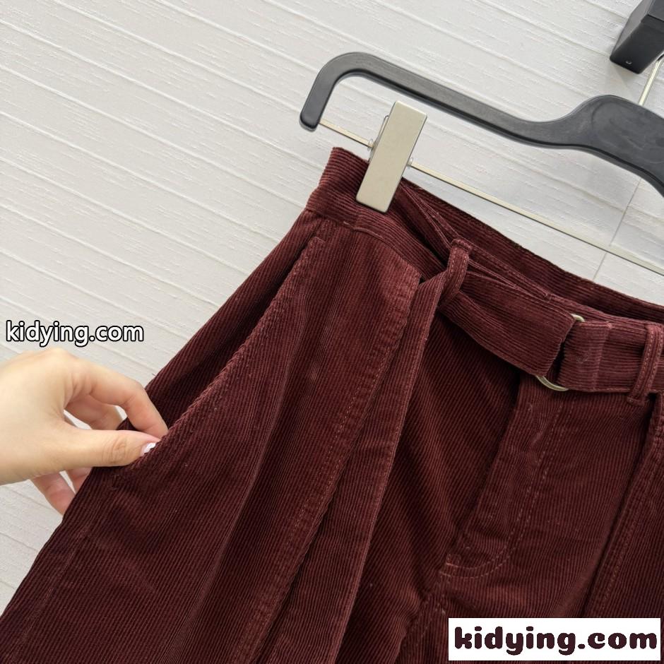 洗練された ベルテッド コーデュロイパンツ ロエベ パンツ コピー ボルドー-2