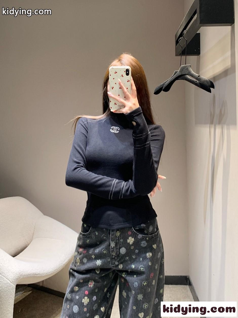 シンプル 洗練された モックネック トップス シャネル Tシャツ 偽物 ブラック-4