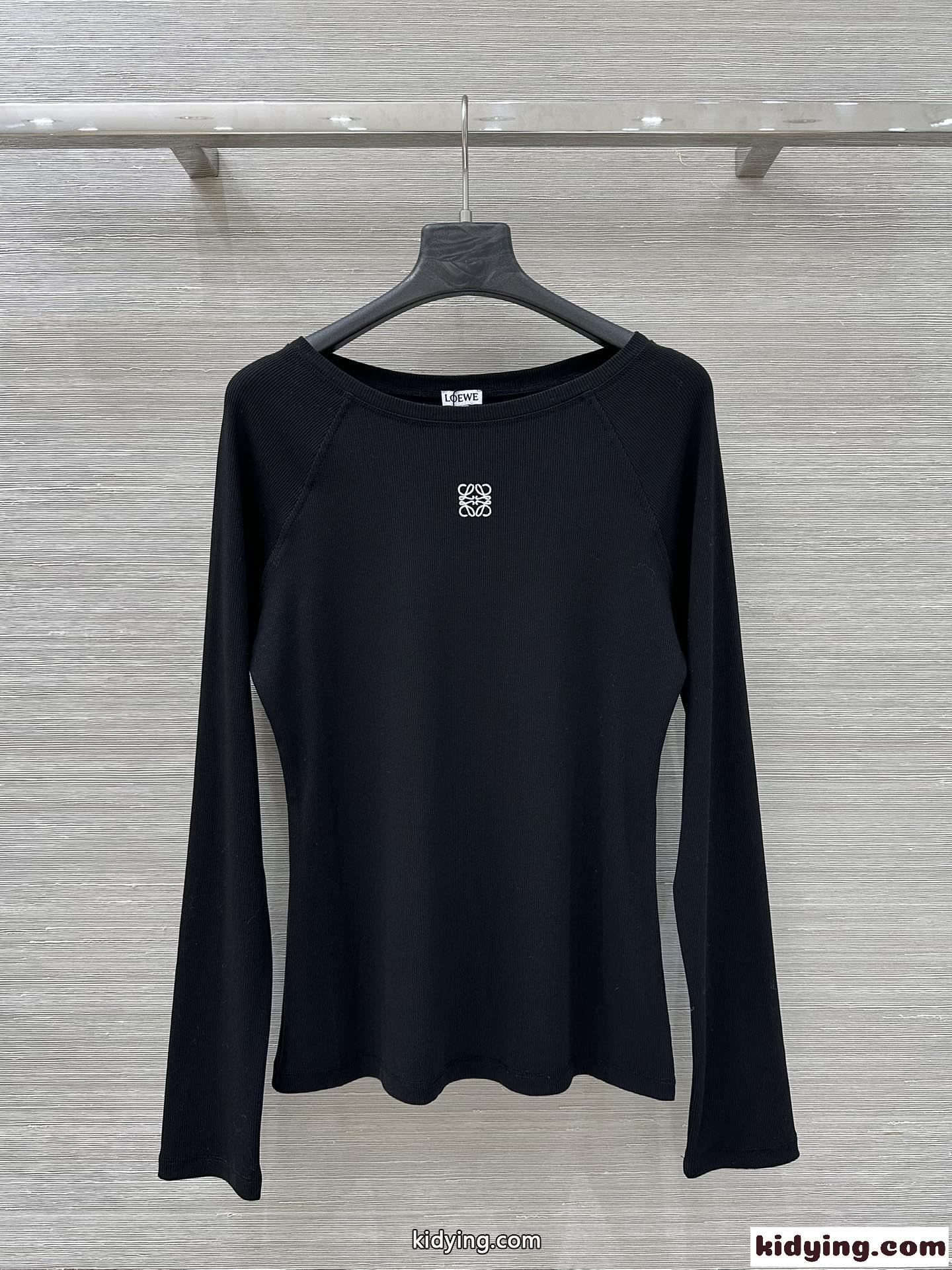 アナグラム刺繍 リブジャージー 長袖Tシャツ ロエベ Tシャツ コピー ブラック-2