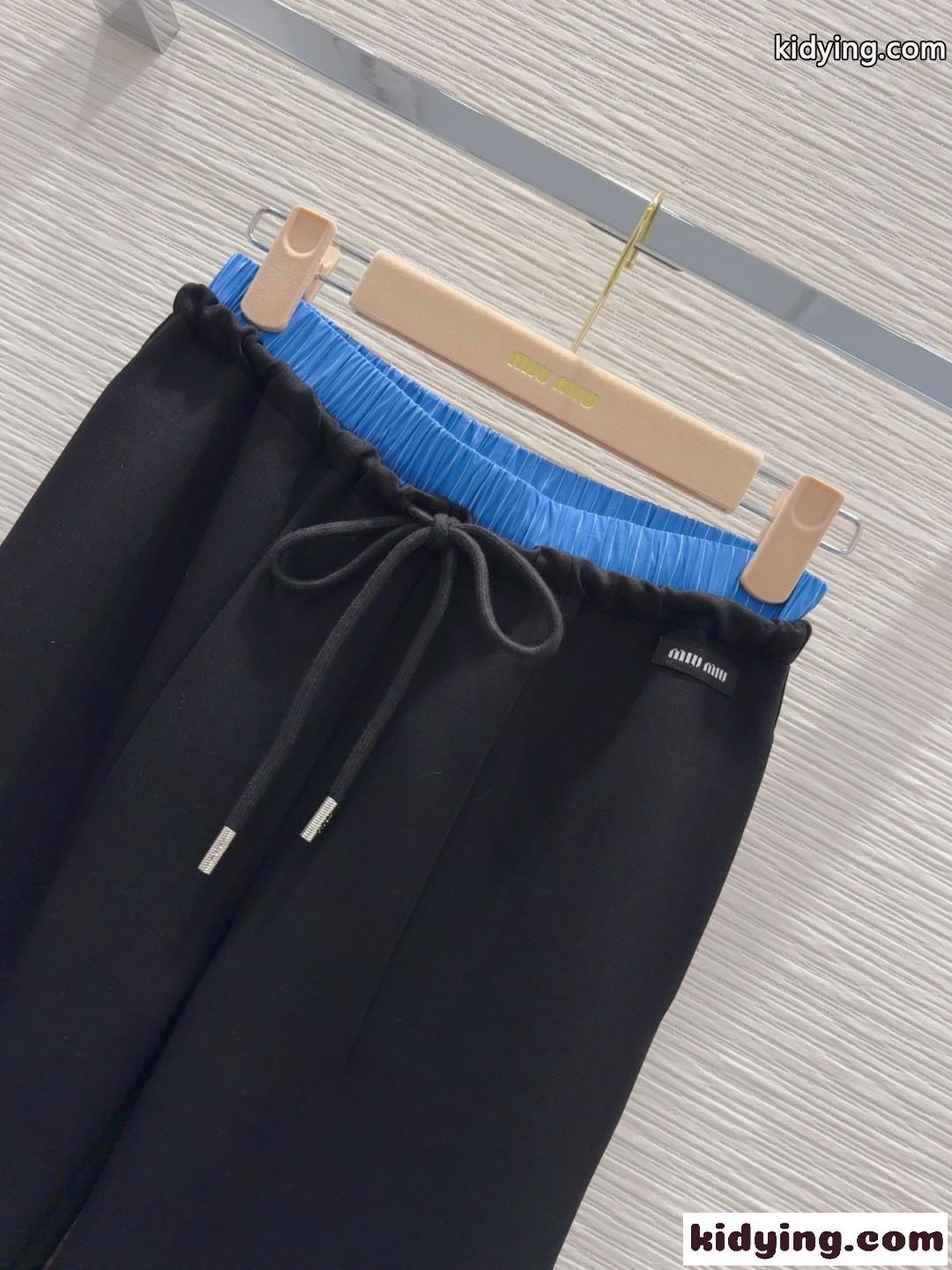 ミュウミュウ パンツ コピー おしゃれ ダブルウエスト ロングパンツ レディース ブラック-2