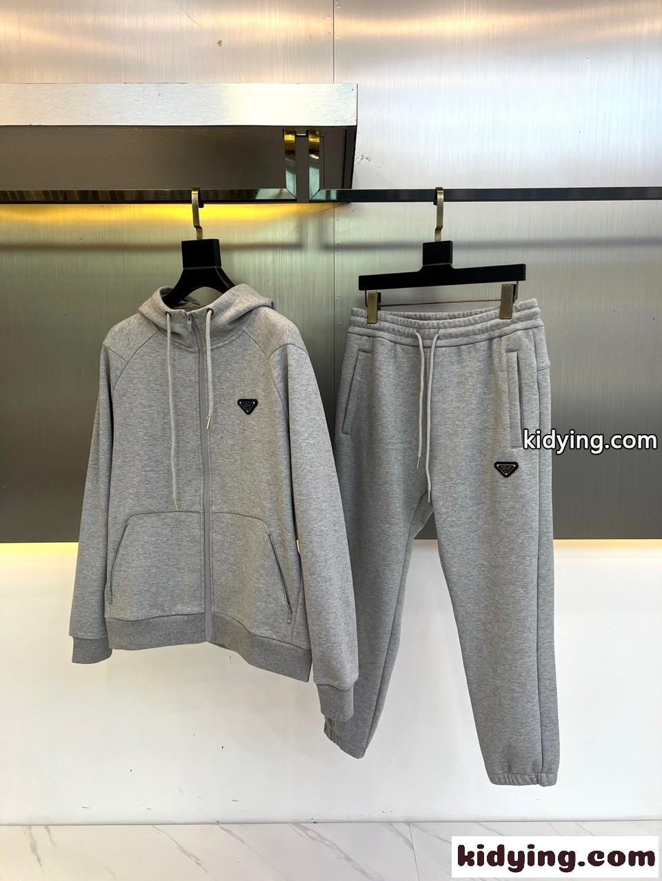 裏起毛 ジップパーカー×スウェットパンツ プラダ セットアップ 偽物 上下セット グレー-4