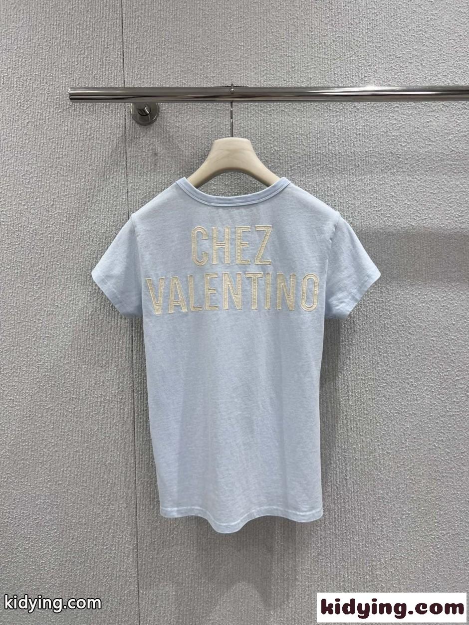 カジュアル プリント コットン 半袖Tシャツ ヴァレンティノ Tシャツ 偽物 ライトブルー-2