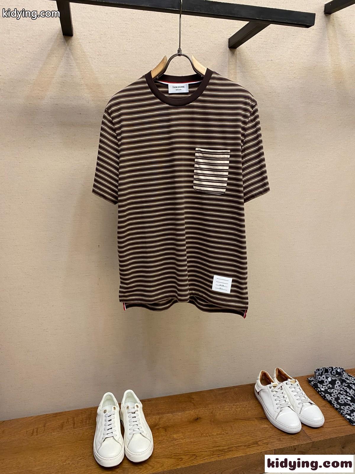 カジュアル ストライプ コットン 半袖Tシャツ トムブラウン Tシャツ スーパーコピー クルーネック-0