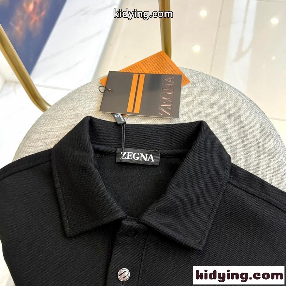 エルメネジルド・ゼニア Tシャツ 偽物 ロゴ 上品 シンプル 長袖 ポロシャツ ブラック-1