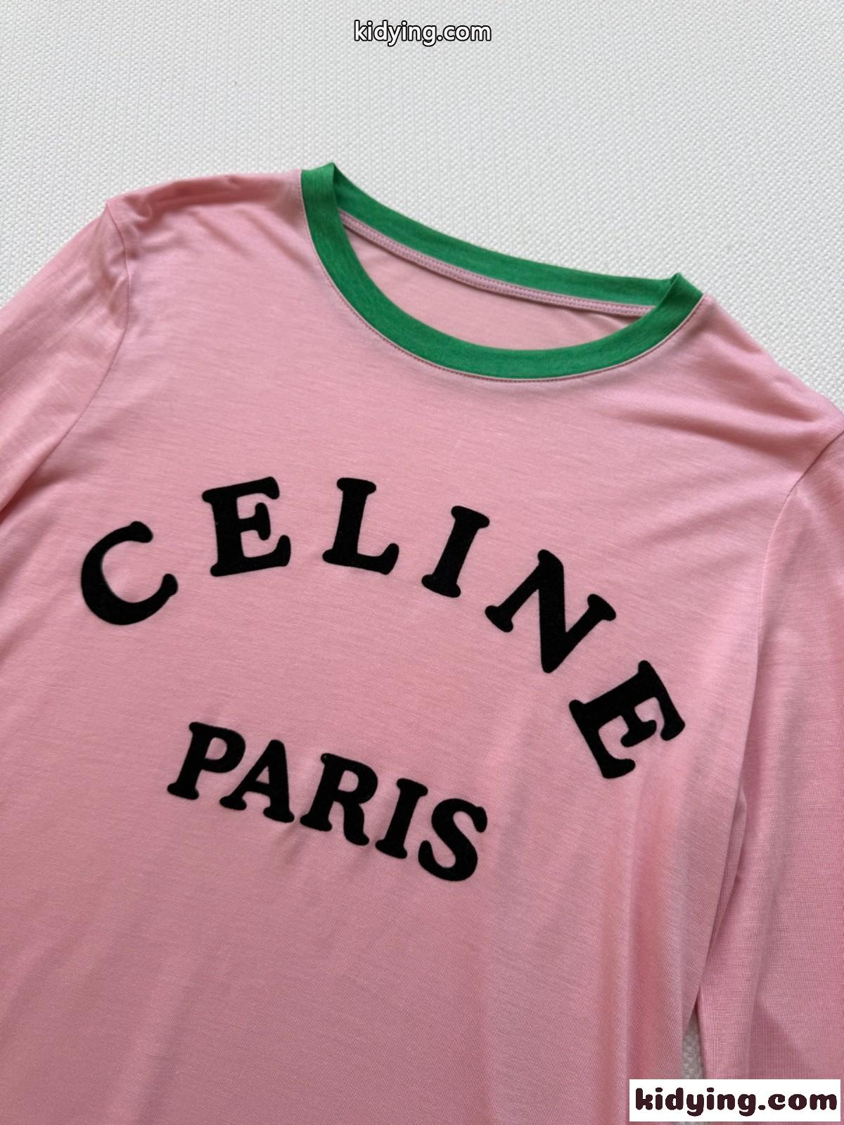 カジュアル ロゴ入り シアー 長袖Tシャツ 紫外線対策 セリーヌ Tシャツ コピー ピンク-2
