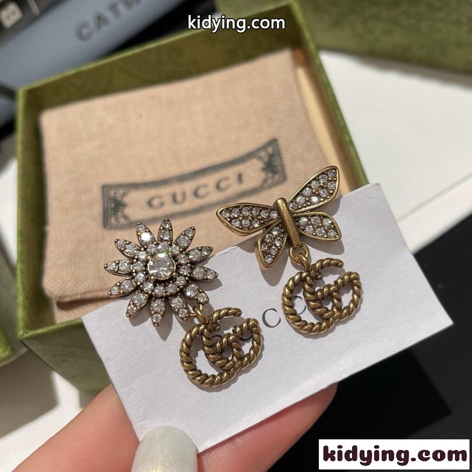 ダブルG バタフライ&フラワー ドロップ ピアス グッチ イヤリング 偽物-3
