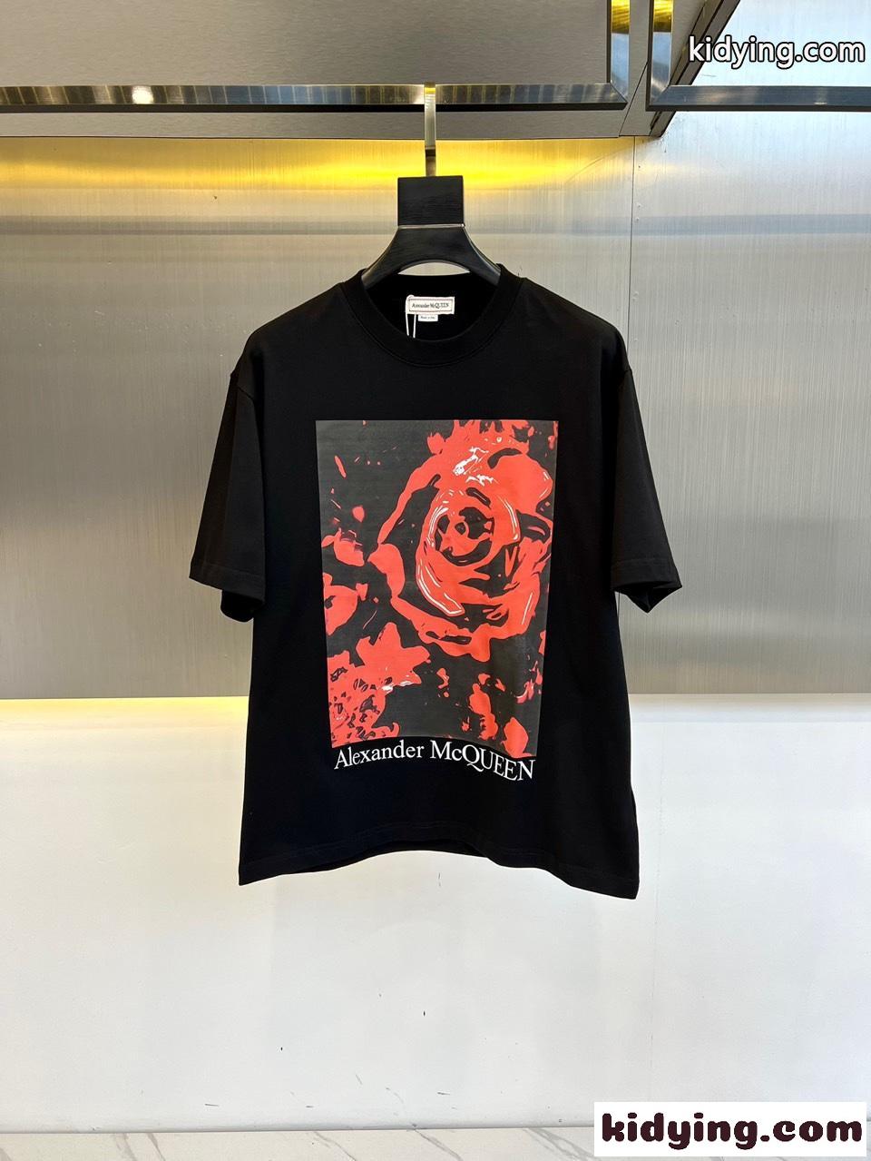 ワックス フラワー 半袖Tシャツ アレキサンダー・マックイーン Tシャツ コピー ブラック-1