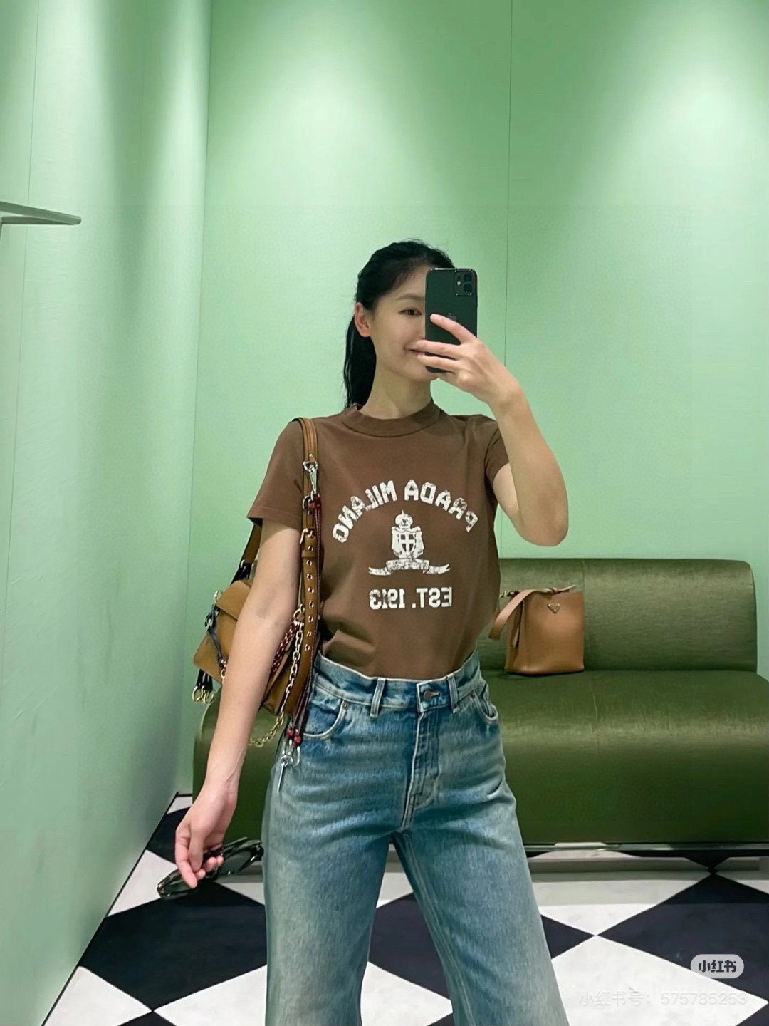 プリント入り コットン 半袖Tシャツ プラダ Tシャツ コピー クルーネック ブラウン-3