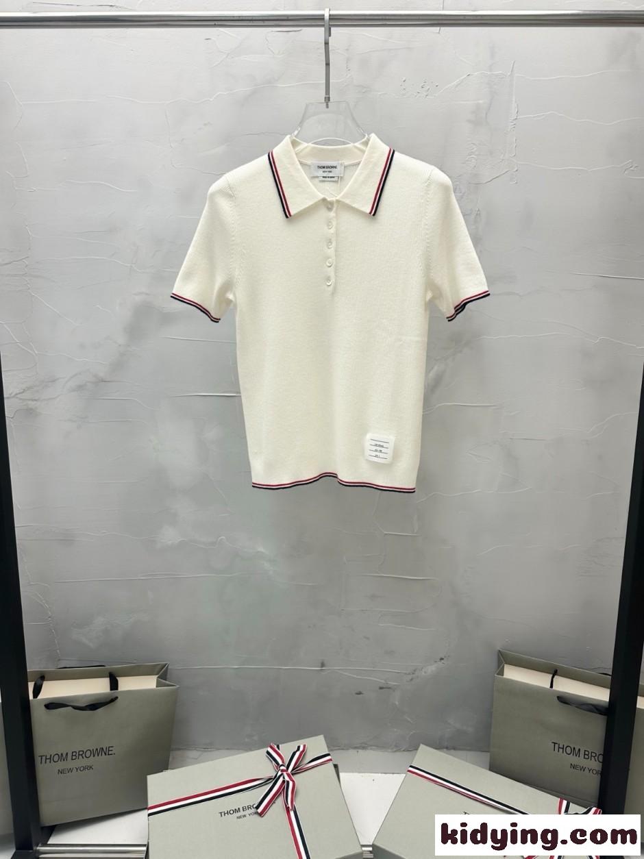 上品 洗練された 半袖 ポロニット トムブラウン ニット 偽物 ホワイト-1
