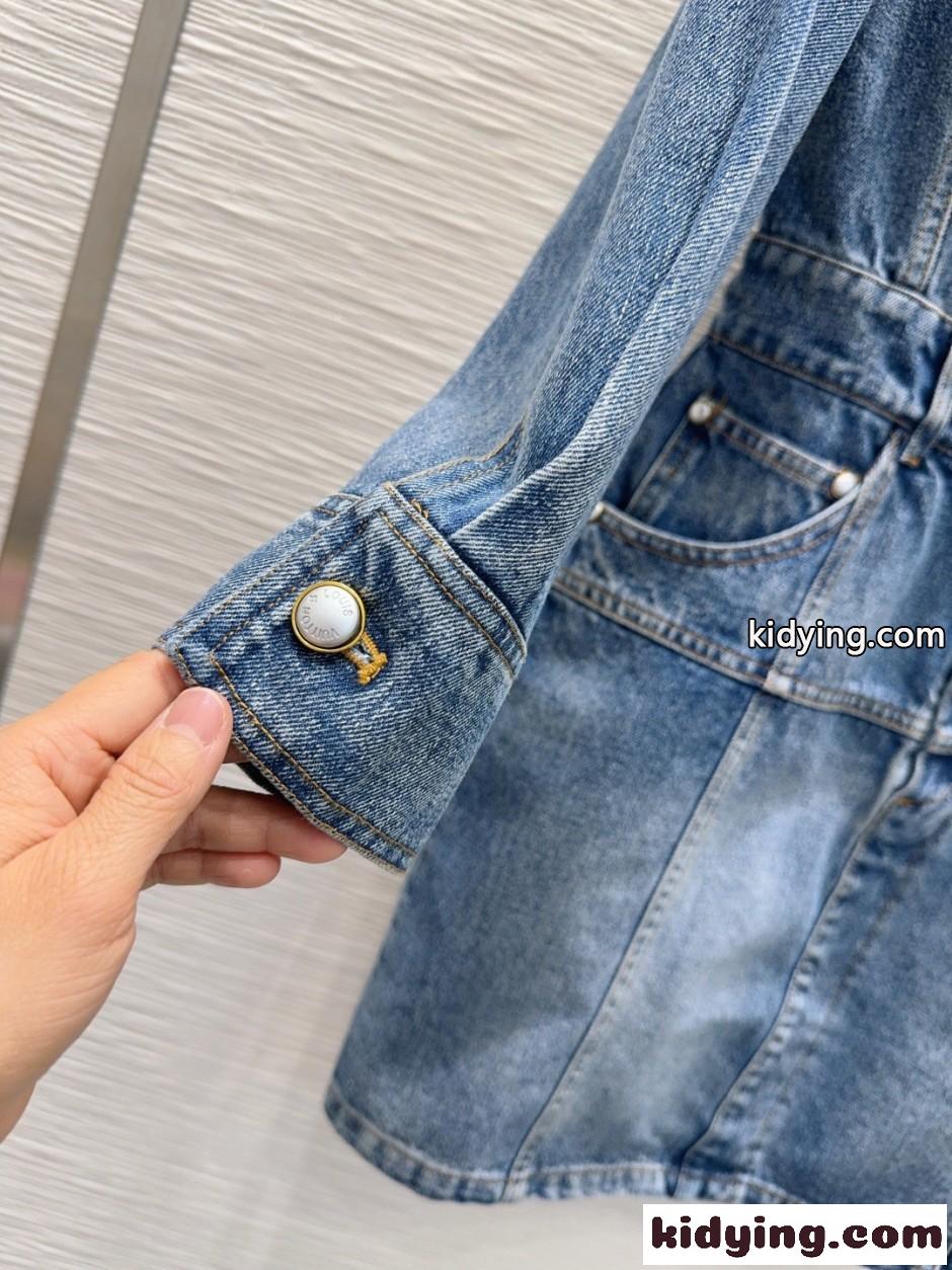 刺繍入り デニム シャツワンピース ルイ・ヴィトン ワンピース コピー コットン-3