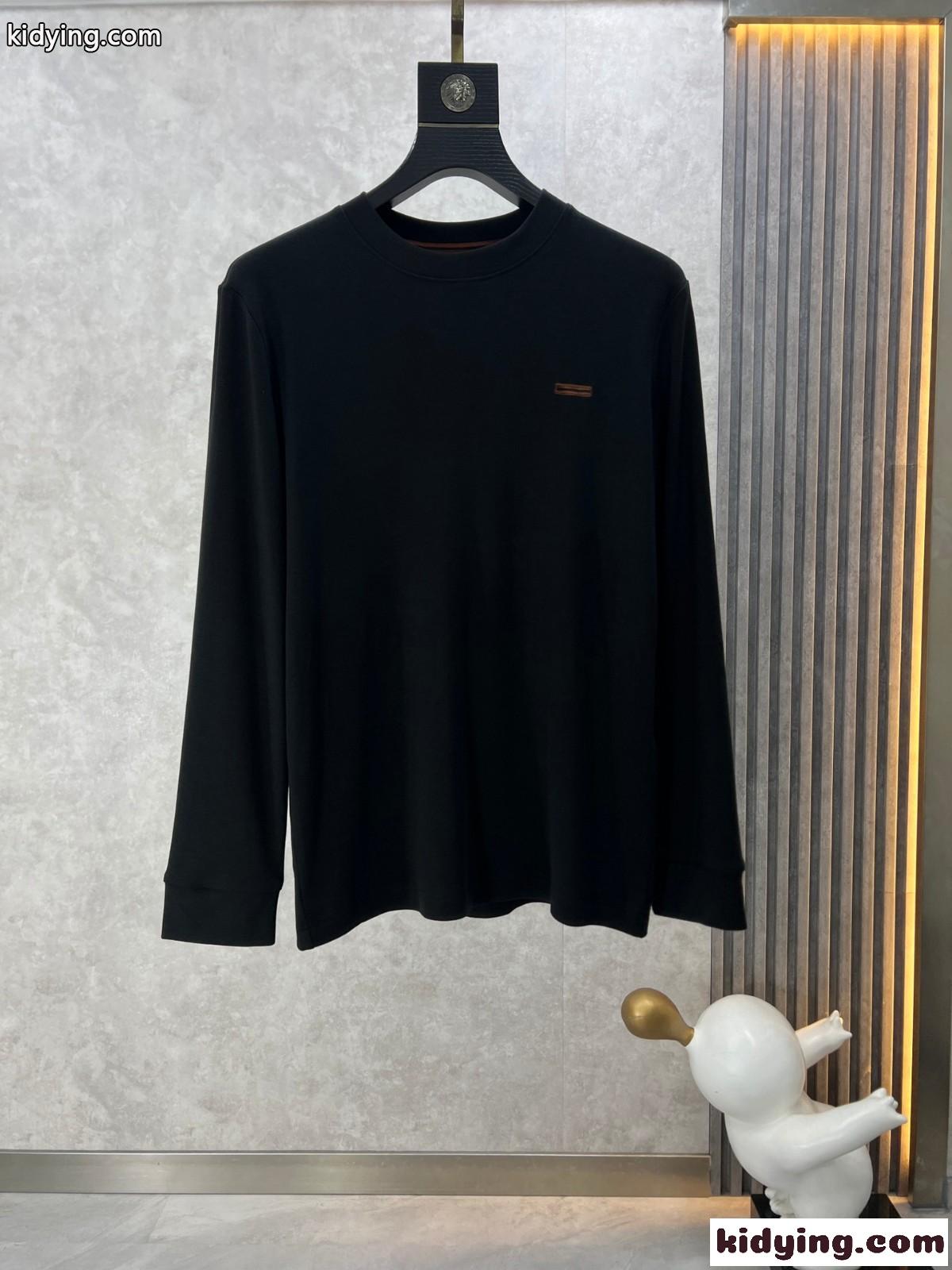 ベーシック 合わせやすい 長袖Tシャツ エルメネジルド・ゼニア Tシャツ コピー ブラック-0